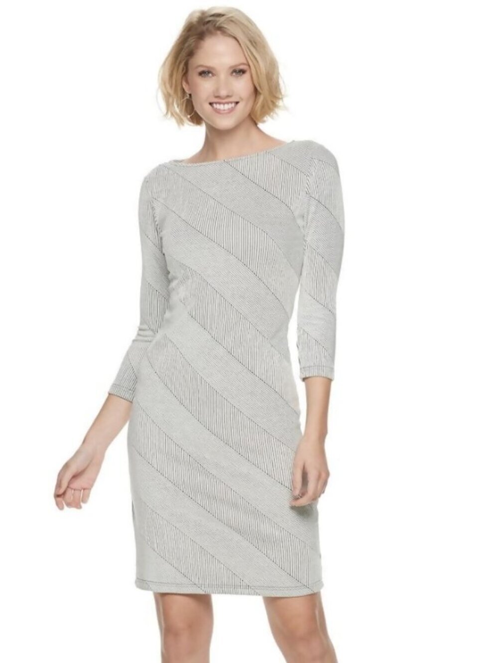 Sharagano White and Grey Striped Dress